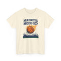 Beige t-shirt with basketball graphic and 'Madness Mode On' text on a white background