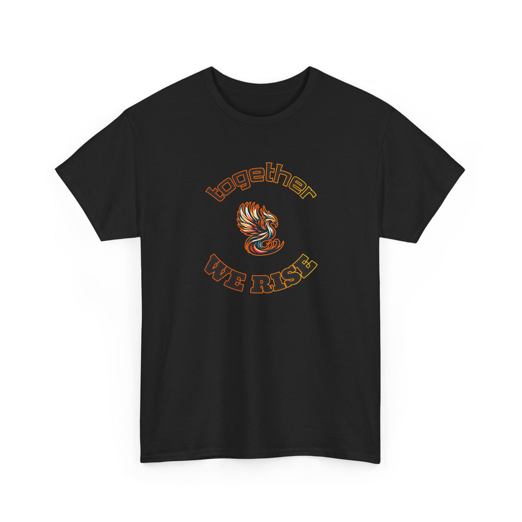a design with the text 'together we rise' and a phoenix in the center