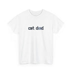 White t-shirt with 'cat dad' text on a white background