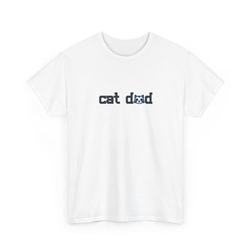 White t-shirt with 'cat dad' text on a white background
