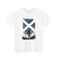 White t-shirt with a graphic of a person hiking in front of a cross-shaped forest design on a white background.
