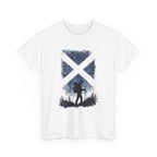 White t-shirt with a graphic of a person hiking in front of a cross-shaped forest design on a white background.