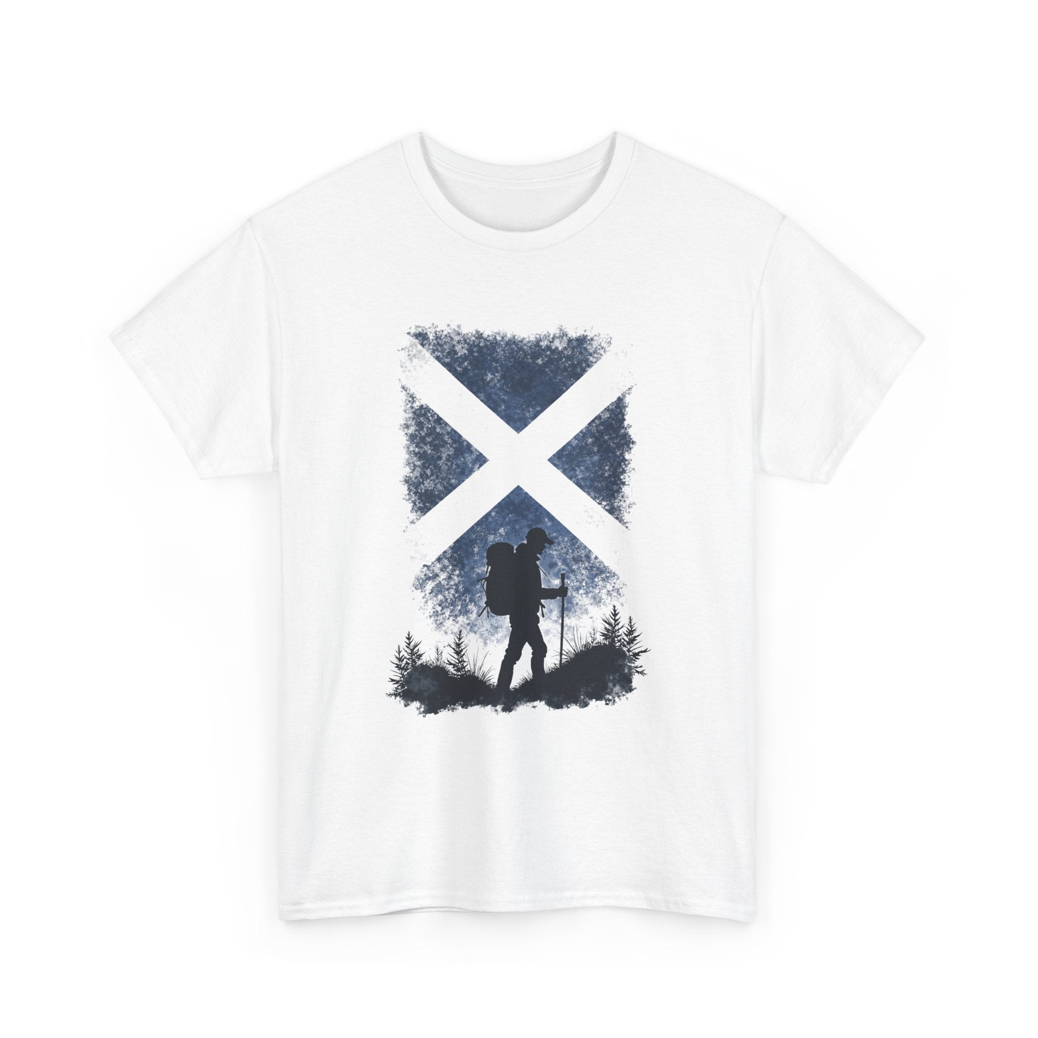 White t-shirt with a graphic of a person hiking in front of a cross-shaped forest design on a white background.