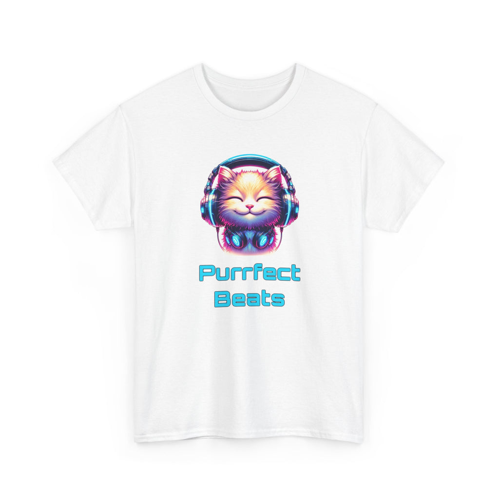 a cat with headphones on, neon pink and blue colors, with the text 'purrfect beats'