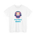 a cat with headphones on, neon pink and blue colors, with the text 'purrfect beats'