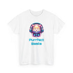 a cat with headphones on, neon pink and blue colors, with the text 'purrfect beats'