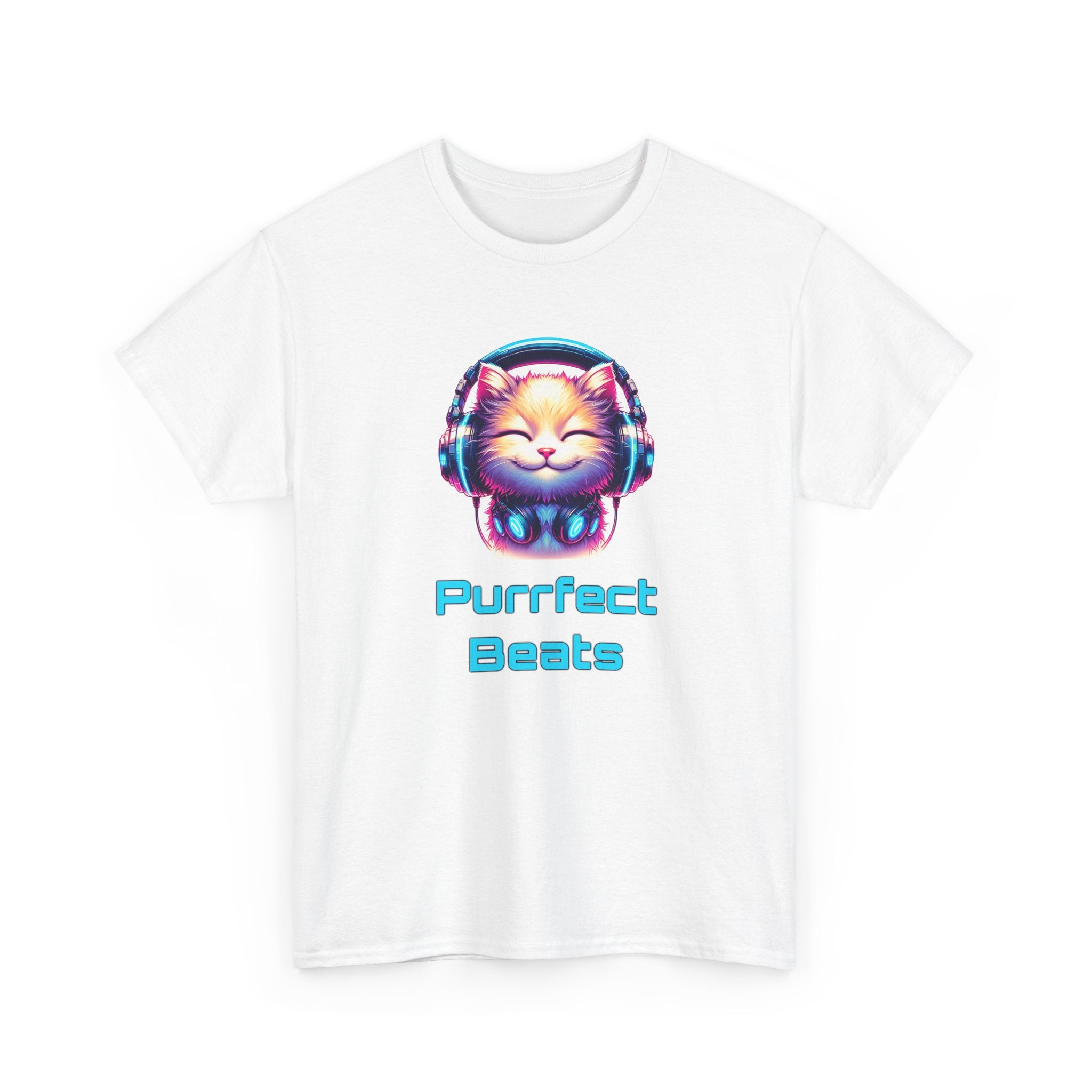 a cat with headphones on, neon pink and blue colors, with the text 'purrfect beats'
