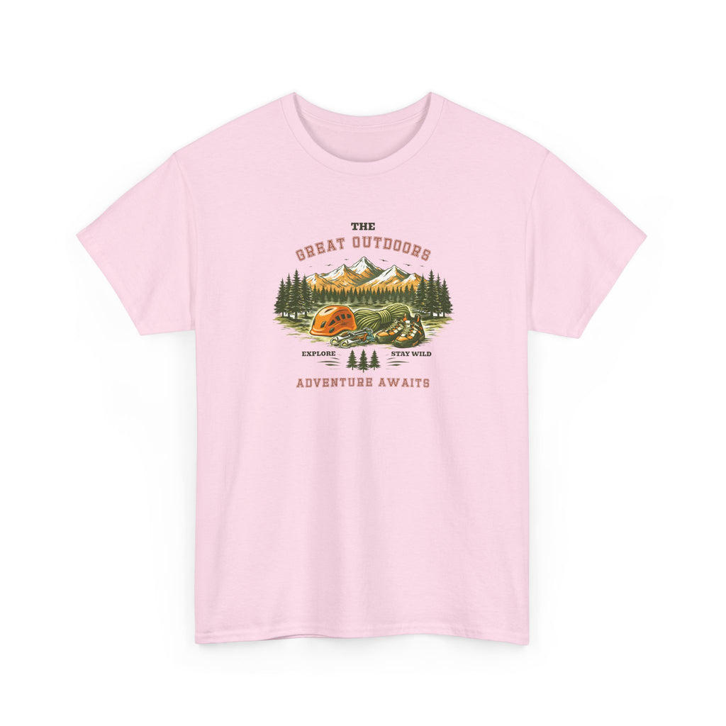 Rock Climbing Camping T-Shirt — "The Great Outdoors: Adventure Awaits" Graphic Tee