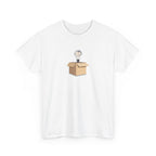 T shirt with a glowing light bulb with the word ‘Think’ rising from an open cardboard box on a black background, symbolizing creativity, innovation, and new ideas.