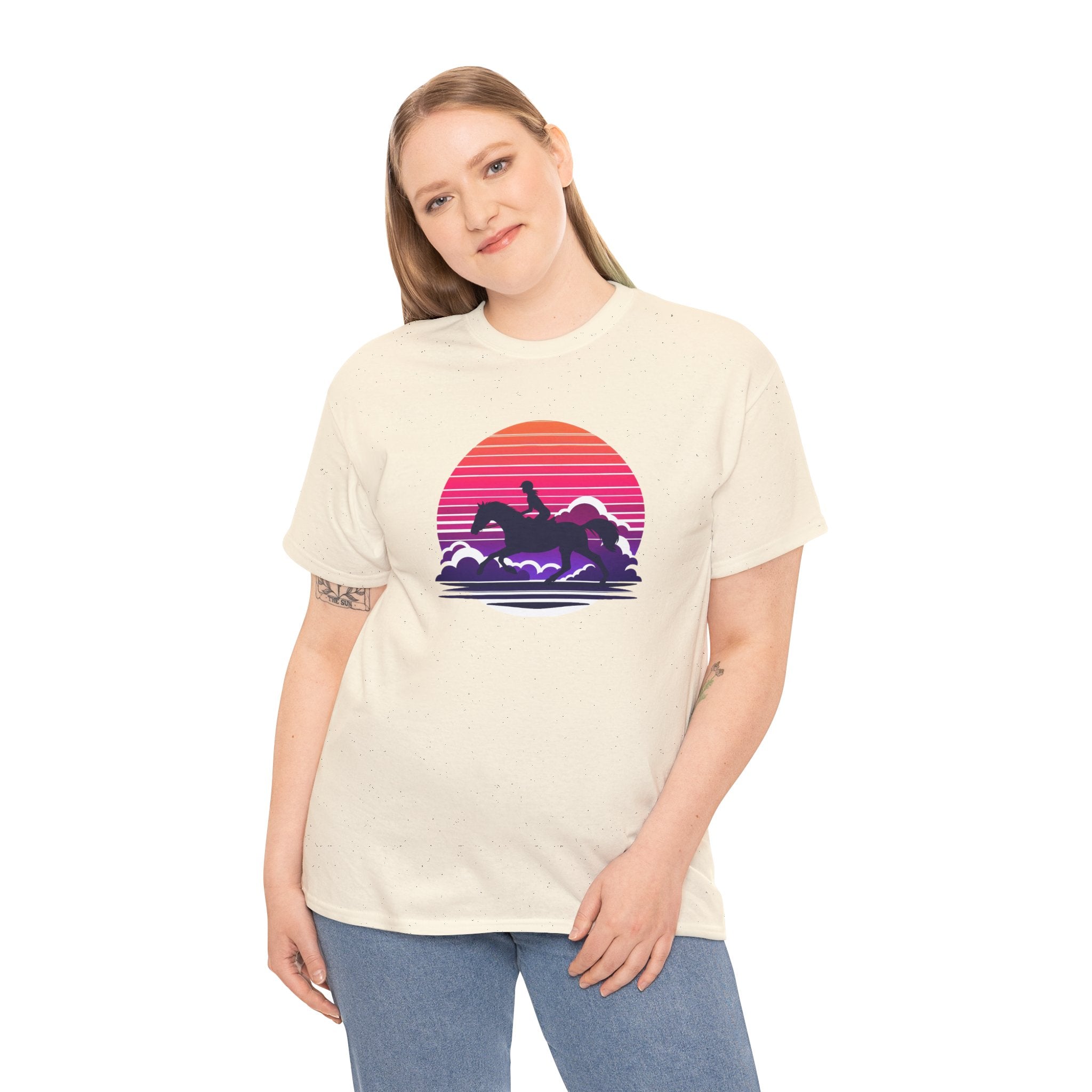 Woman Ride Horse Sunset T-Shirt — Retro Silhouette Beach Vibe Tee