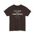 Brown t-shirt with text 'Life is better with a German Shepherd' on a white background