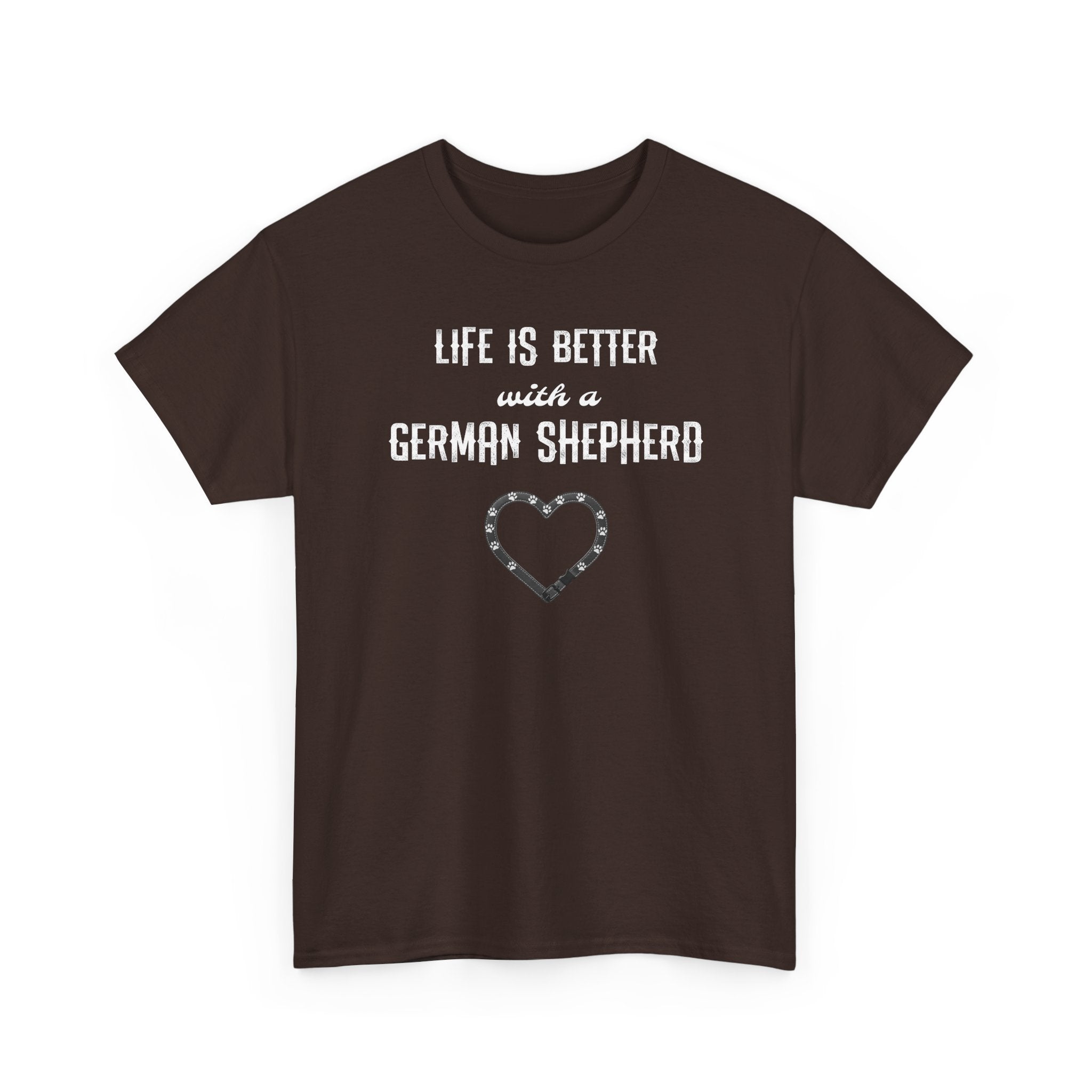 Brown t-shirt with text 'Life is better with a German Shepherd' on a white background