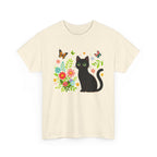 Black Cat Floral Tee - Cute Cat, Flowers & Butterflies Graphic T-Shirt