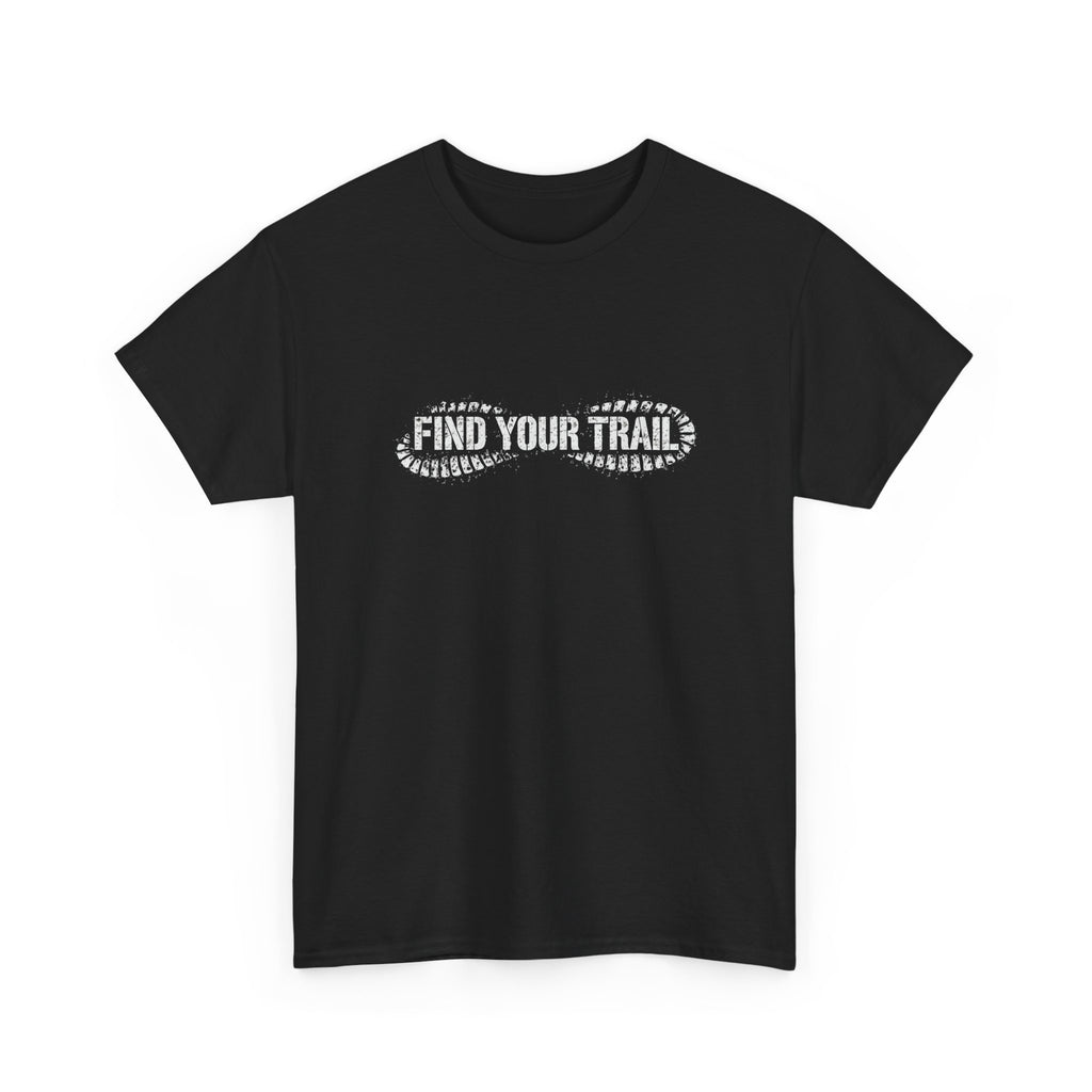 Black t-shirt with 'Find Your Trail' text design on a white background