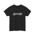 Black t-shirt with 'Find Your Trail' text design on a white background