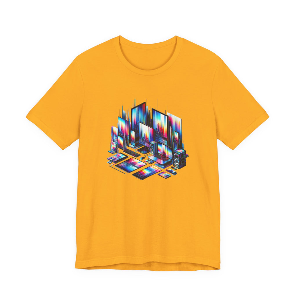 Retro Glitch City T-Shirt — Neon Vaporwave Pixel Tech Devices Tee