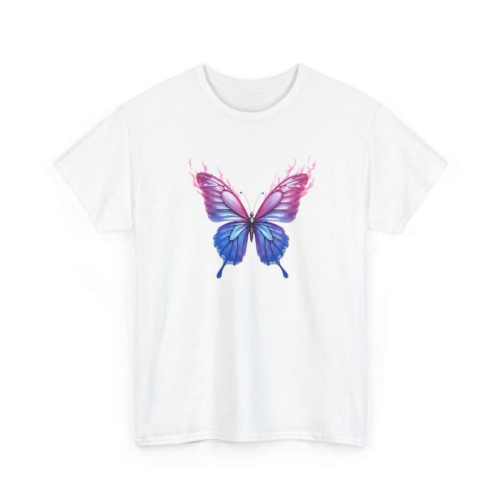 Shimmering metallic butterfly with pink and blue iridescent wings and flame-like accents, fantasy digital art illustration.