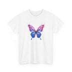 Shimmering metallic butterfly with pink and blue iridescent wings and flame-like accents, fantasy digital art illustration.