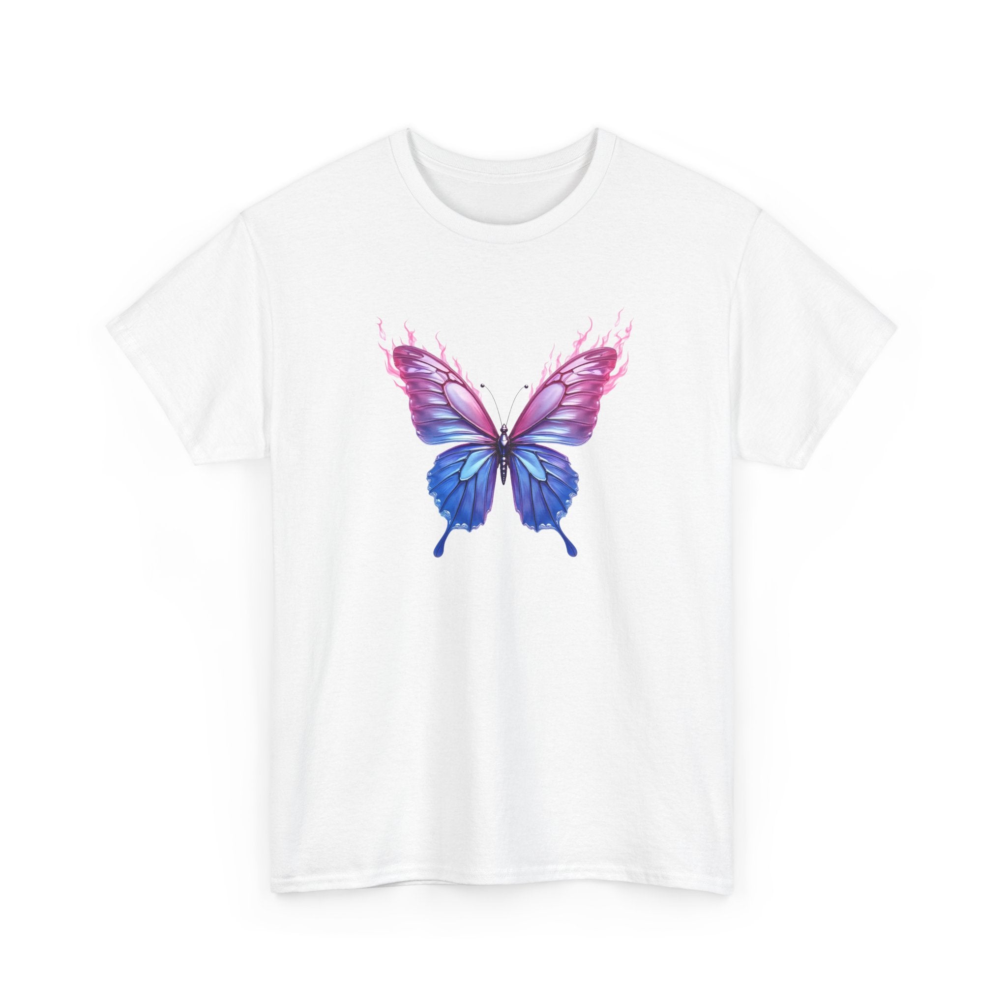 Shimmering metallic butterfly with pink and blue iridescent wings and flame-like accents, fantasy digital art illustration.