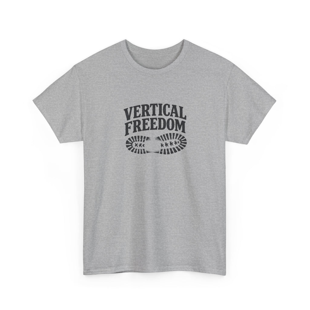 Gray hiking t-shirt with 'Vertical Freedom' text on a white background