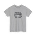 Gray hiking t-shirt with 'Vertical Freedom' text on a white background