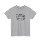 Gray hiking t-shirt with 'Vertical Freedom' text on a white background