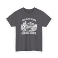 Gray t-shirt with white graphic and text 'This is my other hiking shirt' on a white background