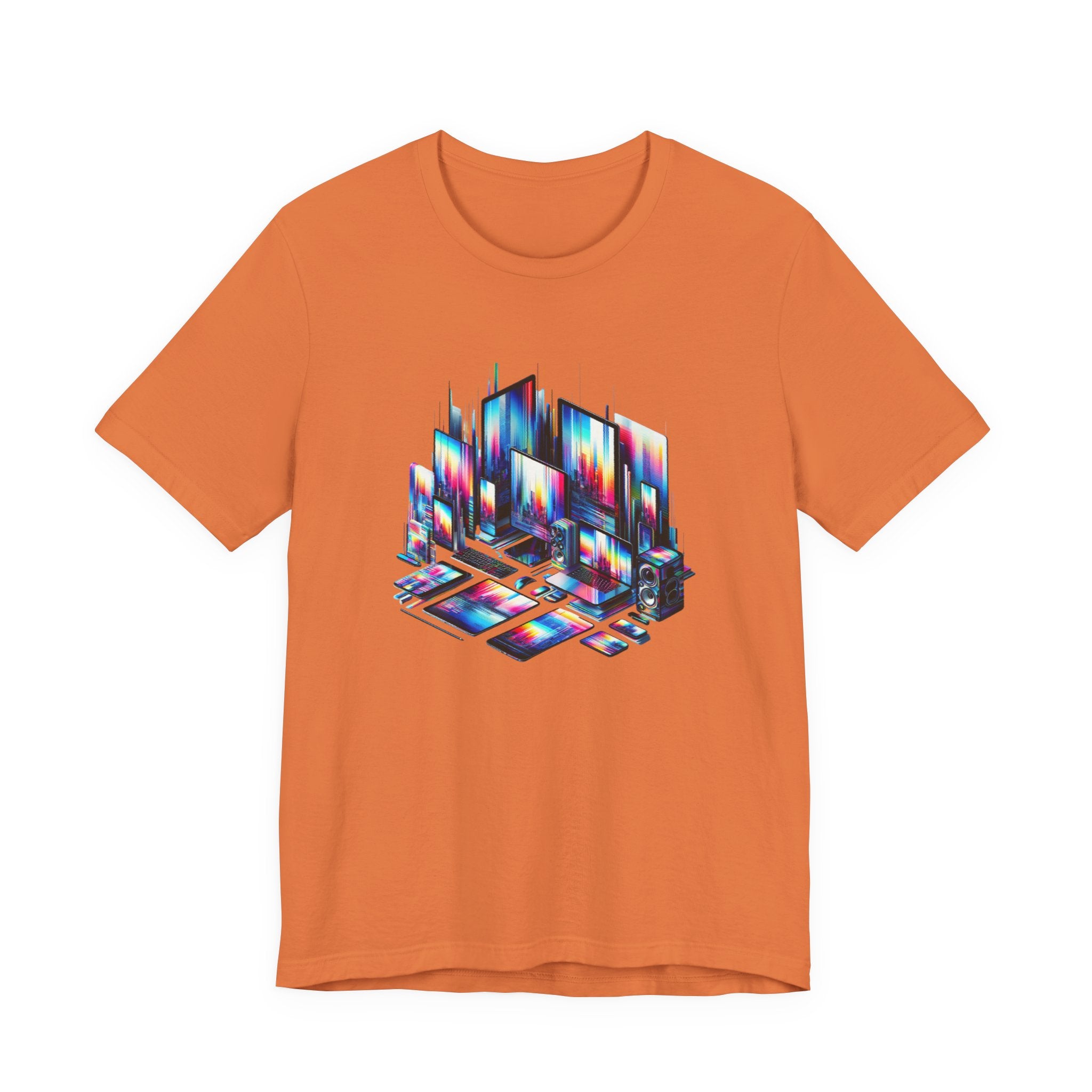 Retro Glitch City T-Shirt — Neon Vaporwave Pixel Tech Devices Tee