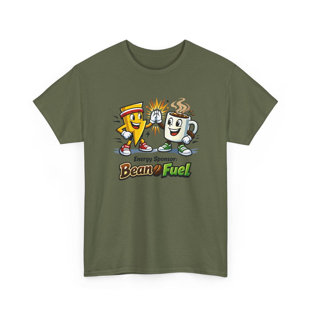 Athletic Energy T-Shirt — 'Energy Sponsor Bean Fuel' Coffee & LIghtning Cartoon Graphic Tee