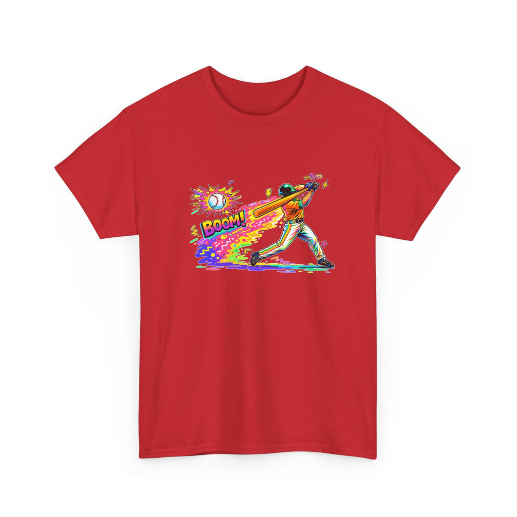 colorful graphic of a person hitting a baseball and the word 'BOOM!' on a white background.