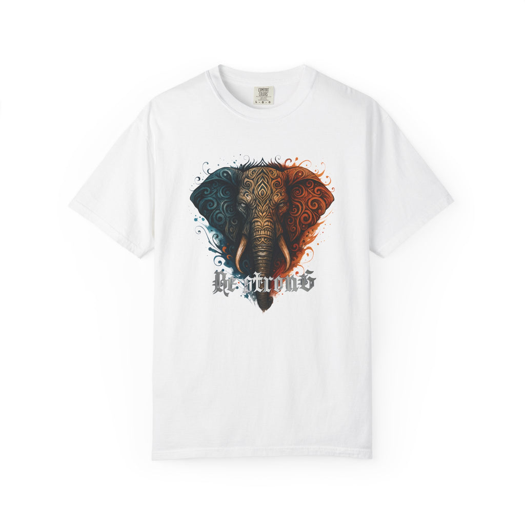 Colorful, abstract tribal elephant head  illustration artwork with blue and orange abstract patterns and intricate surreal design details.  The motivational and inspirational phrase / words 'be strong' appear under the elephant's head.