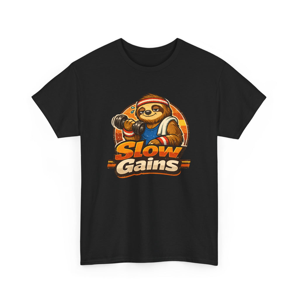 Black t-shirt with a sloth graphic and 'Slow Gains' text on a white background