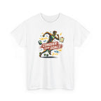 White t-shirt with a motivational graphic and text 'Conquer Your Goals!' on a white background