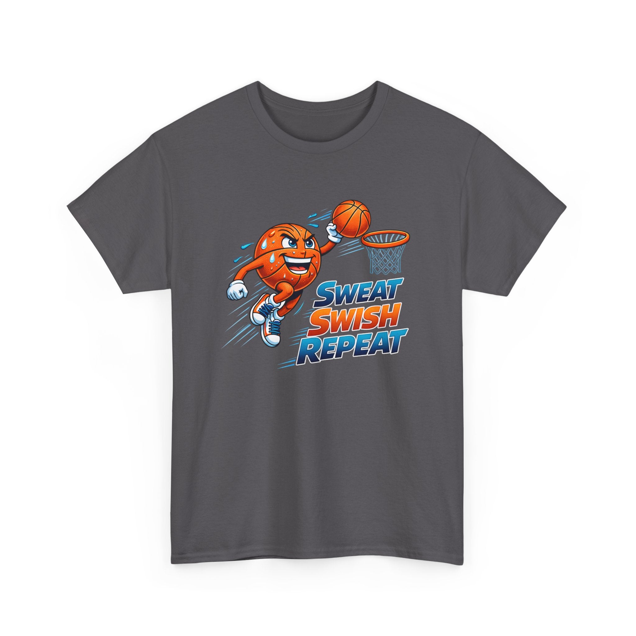 Sweat Swish Repeat Basketball T‑Shirt — Fun Hoop Cartoon Graphic Tee