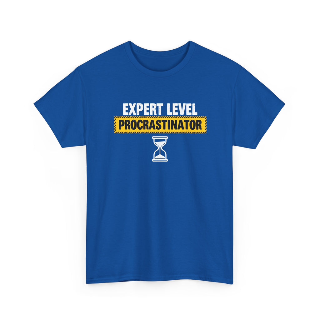 Blue t-shirt with 'Expert Level Procrastinator' text and hourglass graphic on a white background