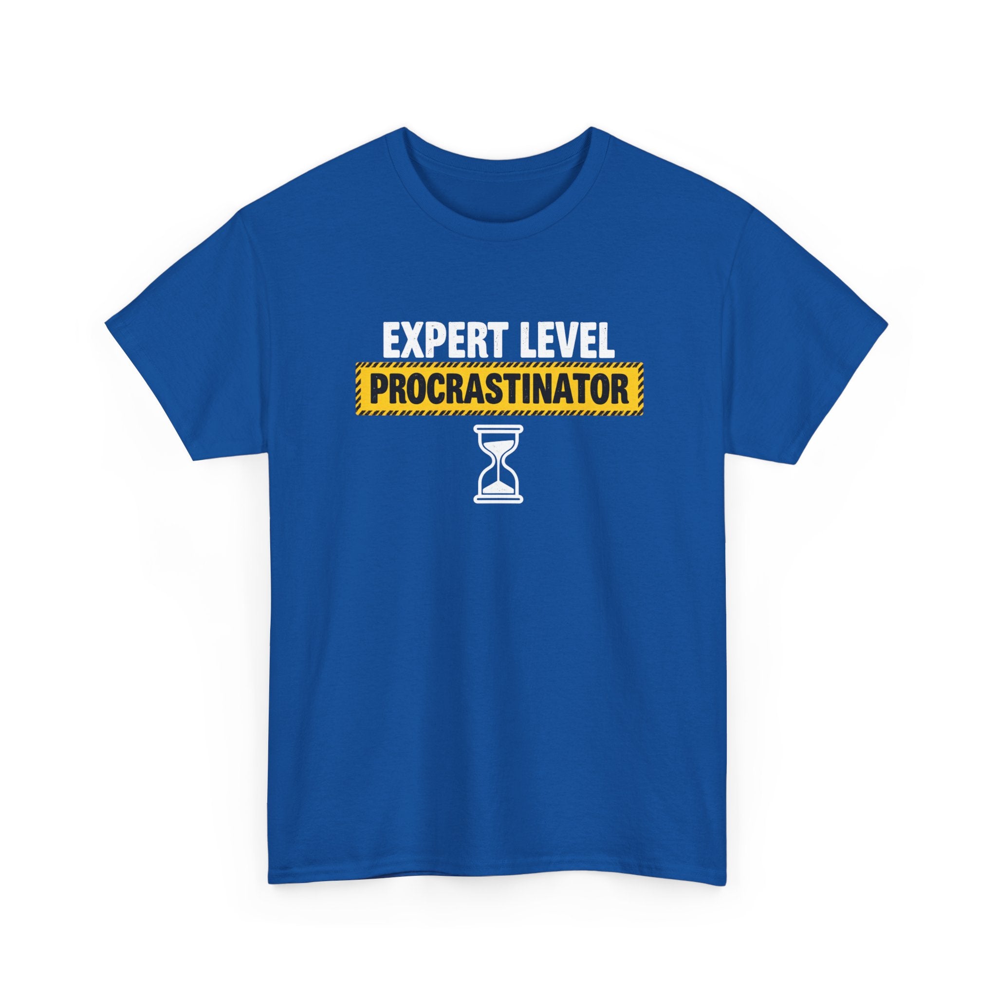 Blue t-shirt with 'Expert Level Procrastinator' text and hourglass graphic on a white background
