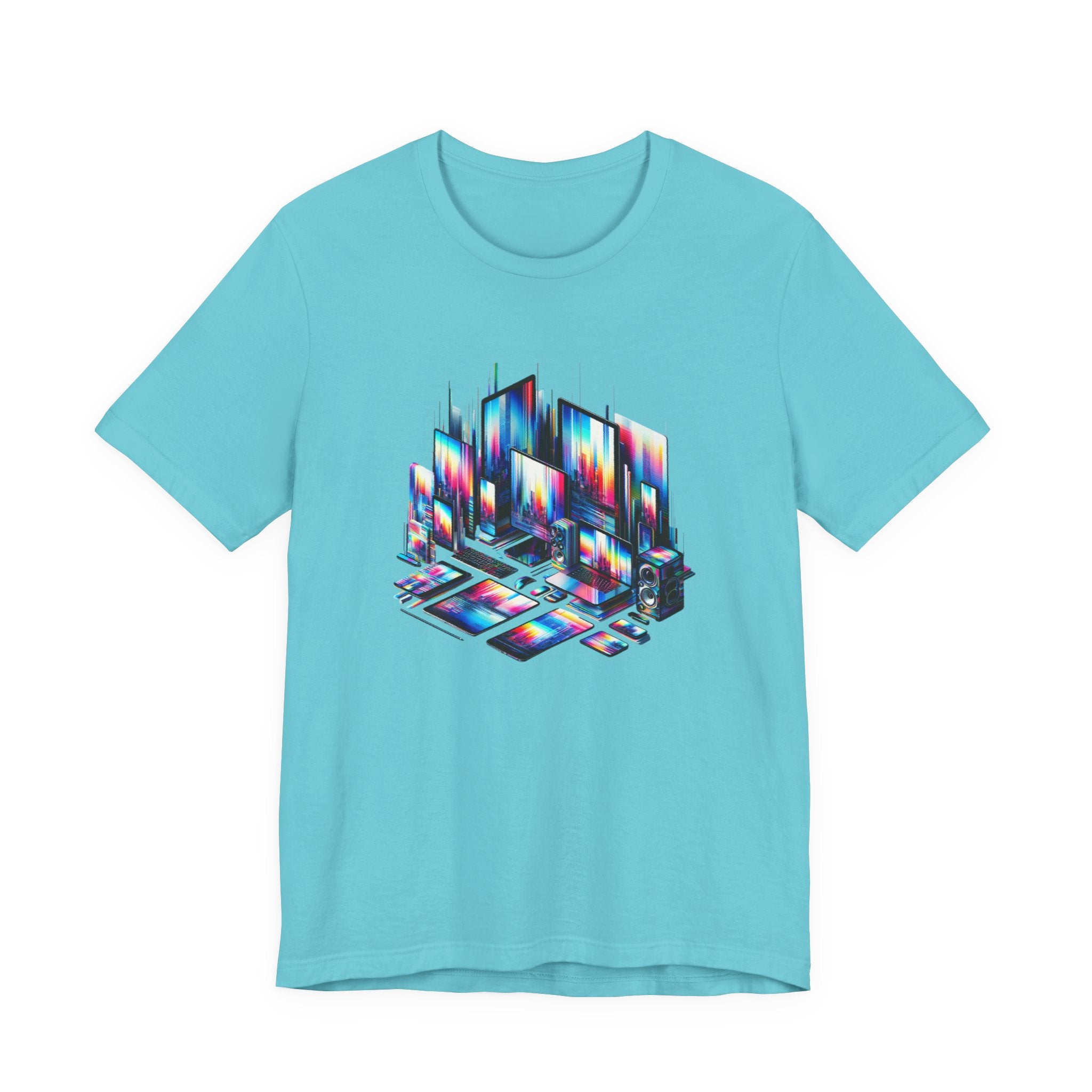 Retro Glitch City T-Shirt — Neon Vaporwave Pixel Tech Devices Tee