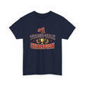Navy blue t-shirt with '#1 Trash-Talk Champion' text and trophy graphic on a white background