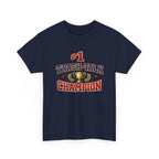 Navy blue t-shirt with '#1 Trash-Talk Champion' text and trophy graphic on a white background