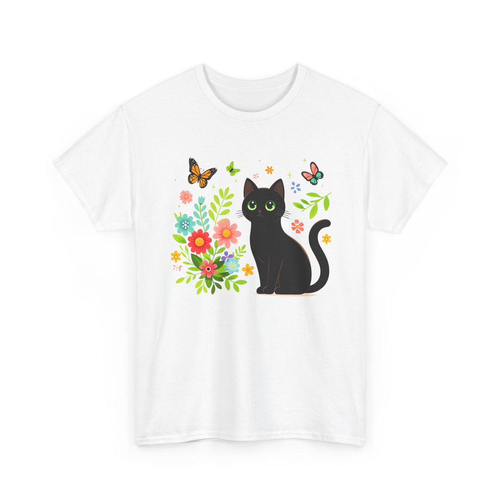 spring season design with a black cat, flowers, and butterflies on a white background