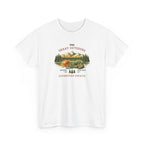 An outdoor scenic graphic with rock climbing gear in the foreground and pine trees and mountains in the distance, with the text 'The Great Outdoors Adventure Awaits', perfect for nature lovers.
