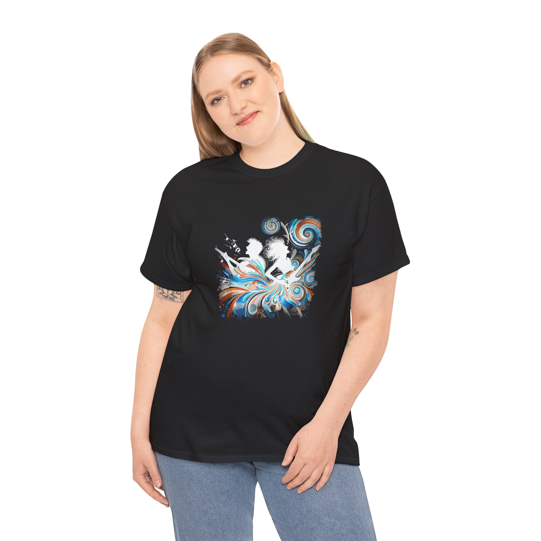 Silhouette Musicians Tee - Artistic Swirl Music Graphic Shirt