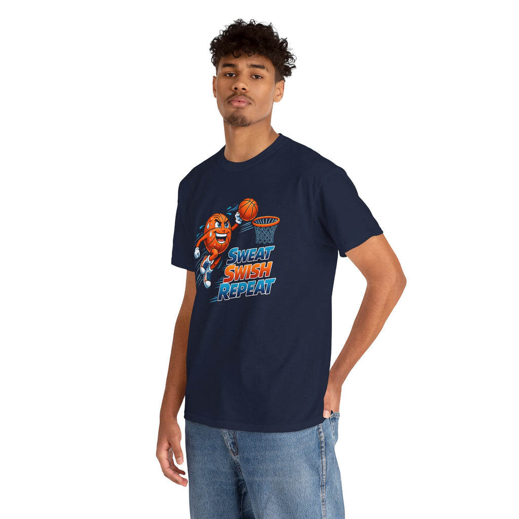 Sweat Swish Repeat Basketball T‑Shirt — Fun Hoop Cartoon Graphic Tee