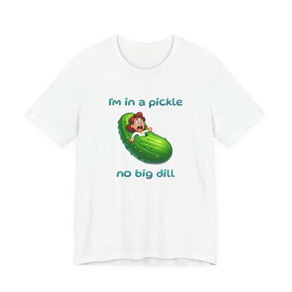 Funny cartoon illustration of a surprised woman inside a pickle, a humorous visualization of the phrase 'in a pickle'.