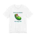 Funny cartoon illustration of a surprised woman inside a pickle, a humorous visualization of the phrase 'in a pickle'.