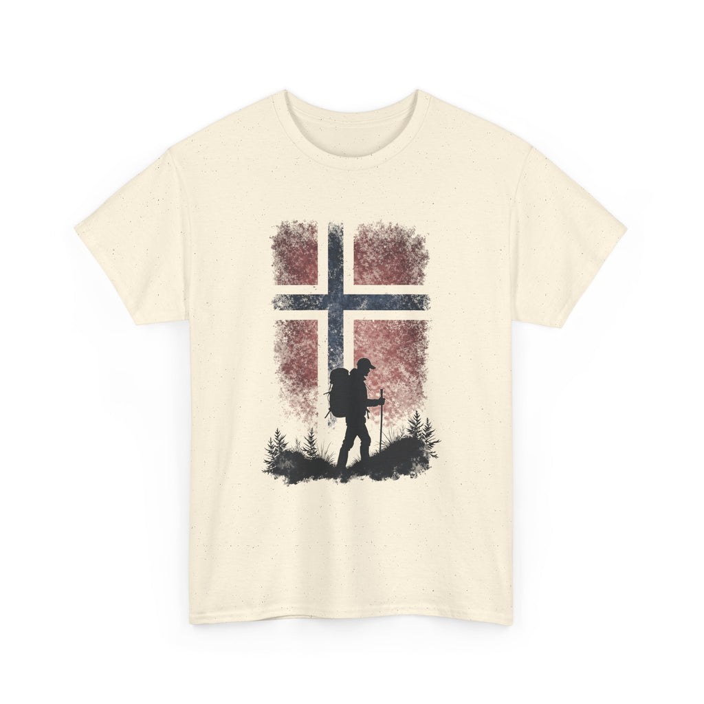 Norway Flag Hiking T‑Shirt – Hiker Silhouette on Rustic Norwegian Flag