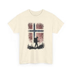 Norway Flag Hiking T‑Shirt – Hiker Silhouette on Rustic Norwegian Flag