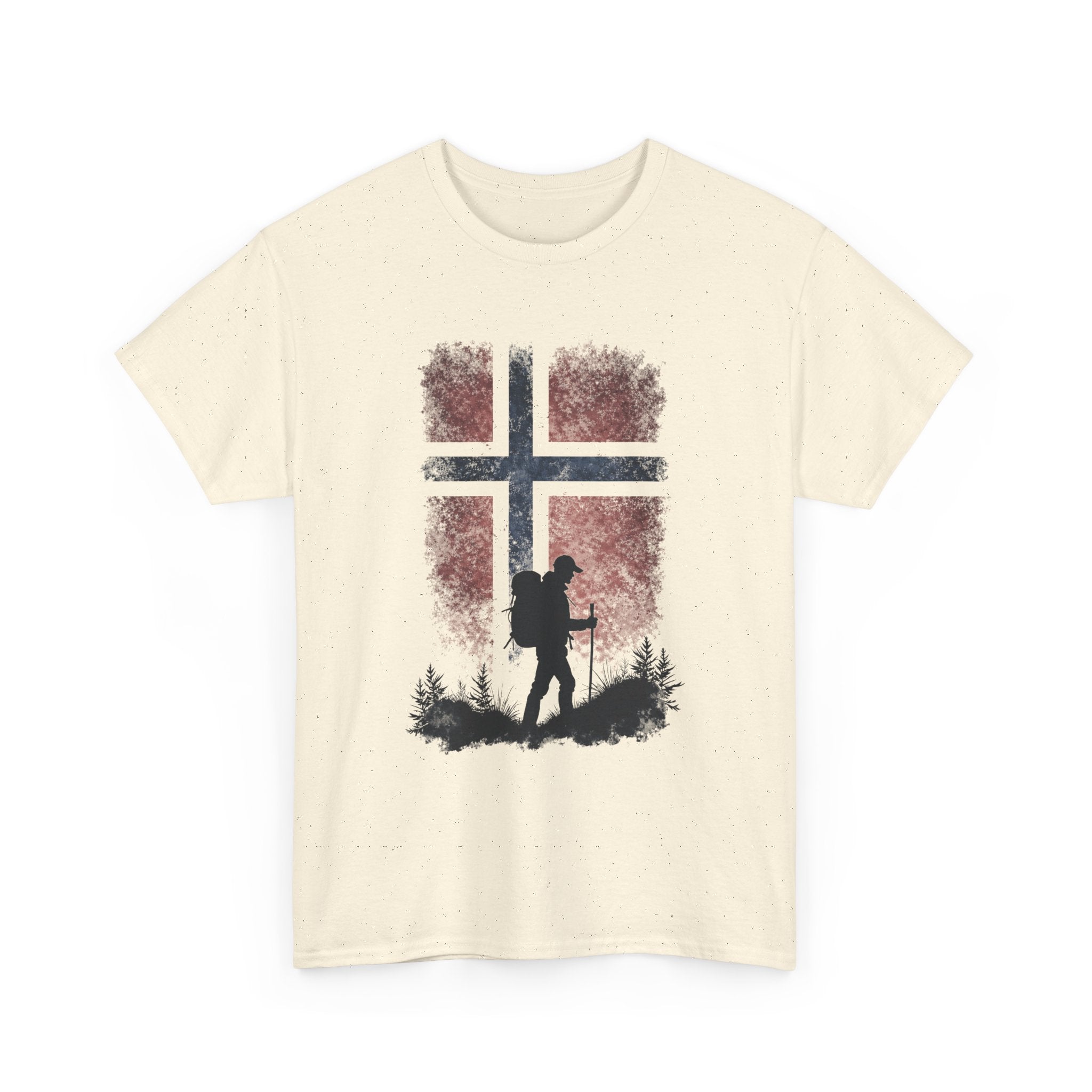 Norway Flag Hiking T‑Shirt – Hiker Silhouette on Rustic Norwegian Flag