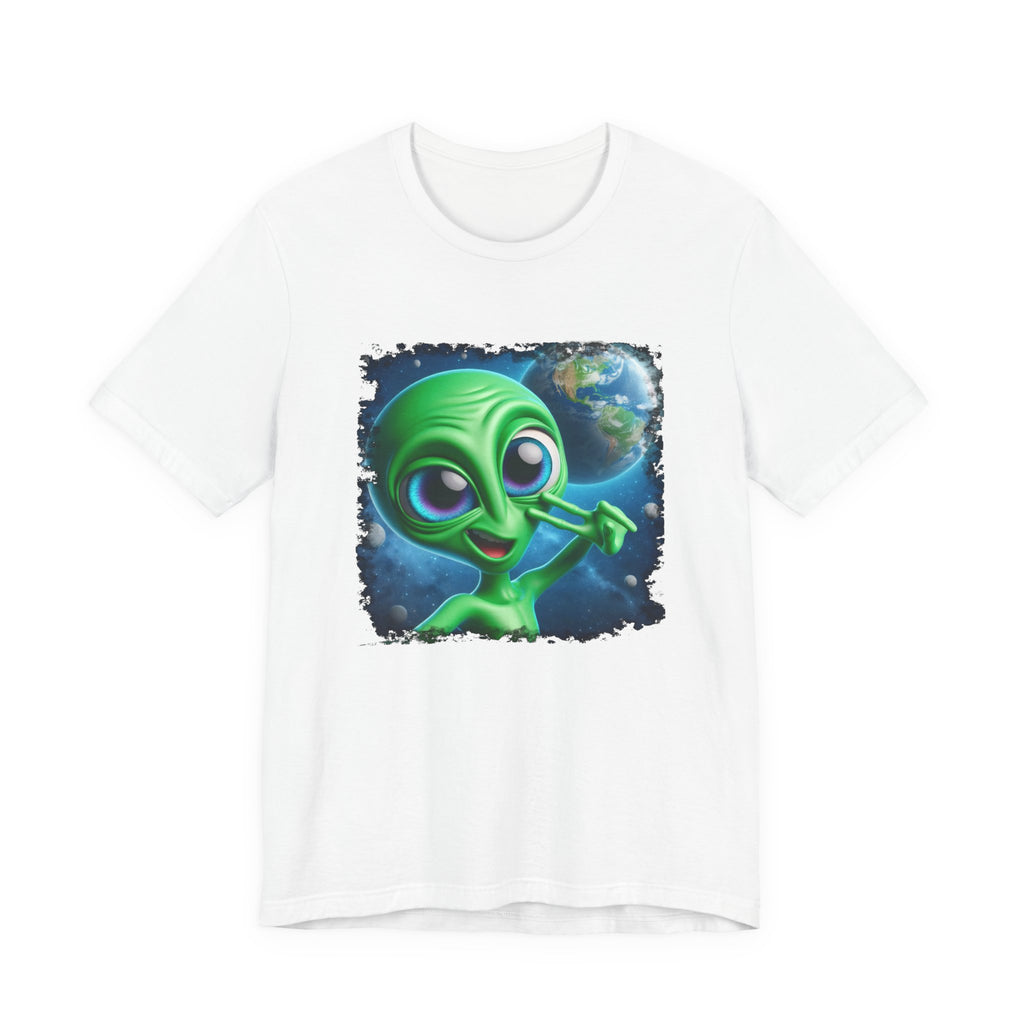Cute green cartoon alien taking a selfie in outer space with Earth in the background, featuring big expressive eyes, planets, and stars in a playful sci-fi illustration.