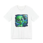 Cute green cartoon alien taking a selfie in outer space with Earth in the background, featuring big expressive eyes, planets, and stars in a playful sci-fi illustration.